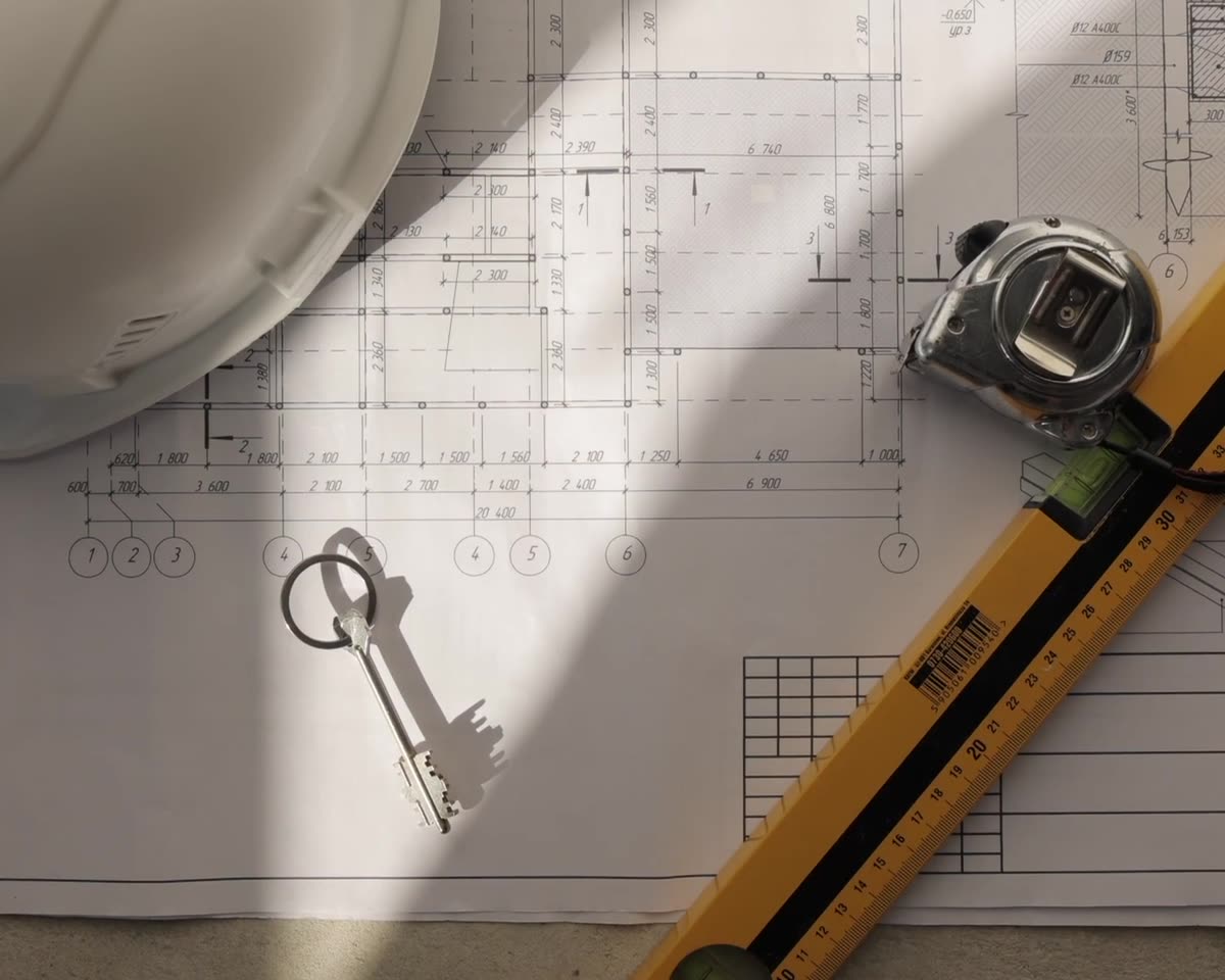 Plan de construction déplié sur le chantier, avec casque, ruban à mesurer et niveau